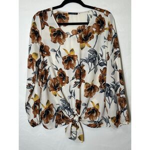 West Kei Women's BOHO Floral Scoop Neck Long Sleeve Blouse Front Tie Size L